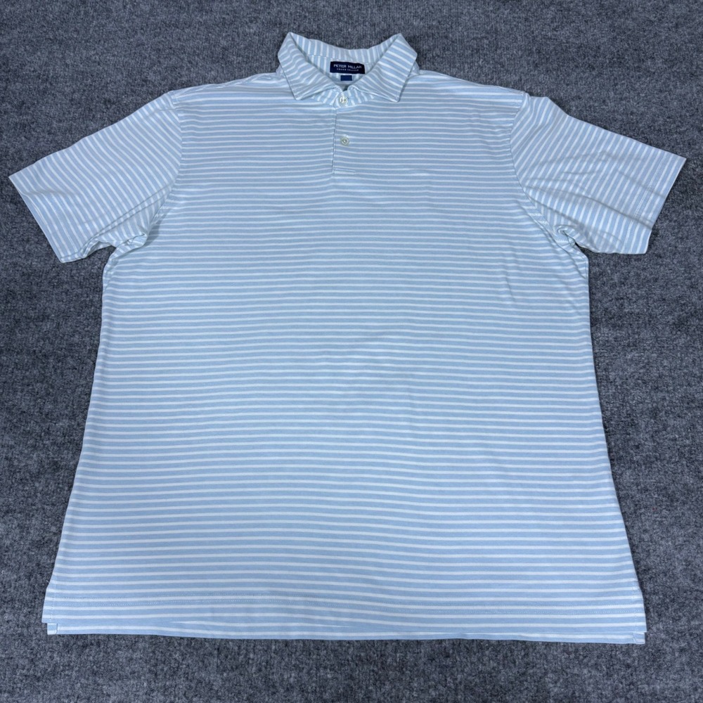 Peter Millar Crown Crafted Mens Large Blue White Striped Pima Cotton Polo Shirt